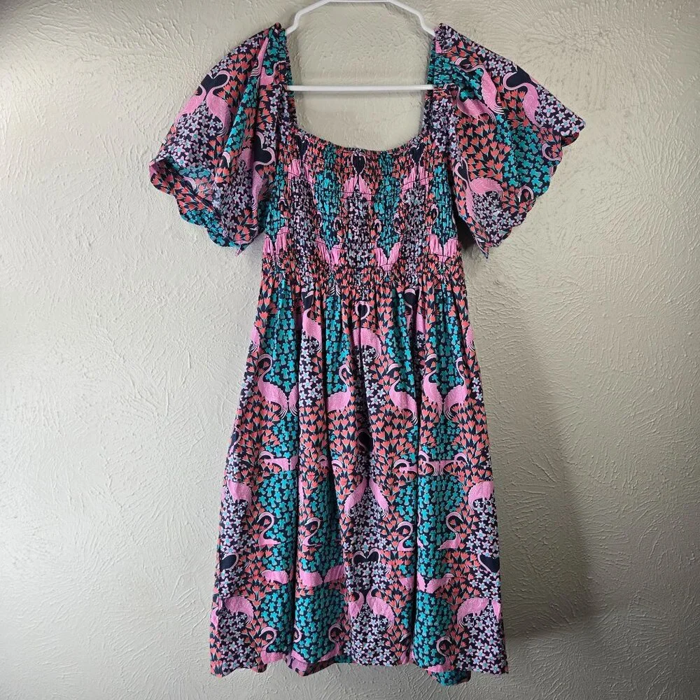 Simply Southern Dress Medium Tropical Flamingo Print Smocked BabyDoll Mini - Picture 2 of 12
